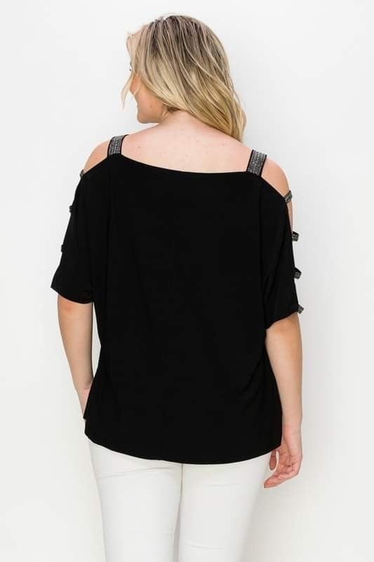 Plus Size, Stunning jeweled Ribbed Open Sleeve Top Black or Red