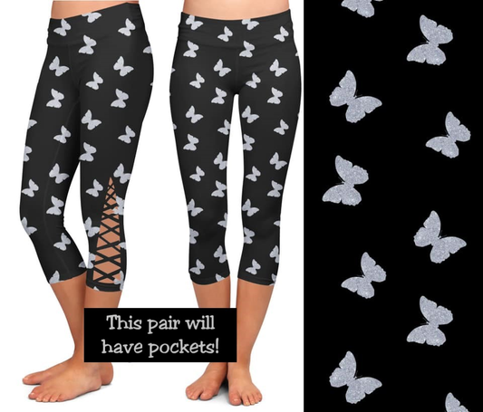 Black/Silver Butterfly CRISS CROSS CAPRI with Pockets. High Waist, Yoga Band, Very Soft and Stretchy!