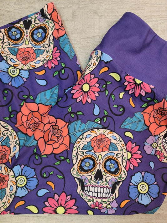 Knee Length, Floral Sugarskull CAPRI. High Waist, Yoga Band, Very Soft and Stretchy!