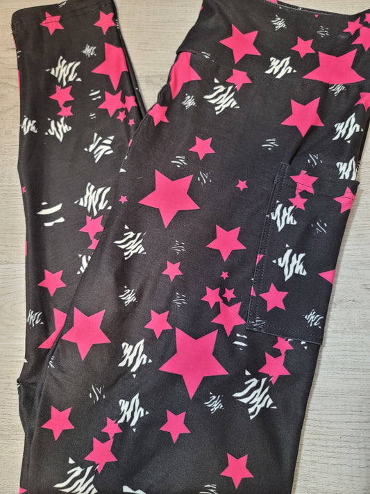 Pink & Zebra Print Star Leggings with Pockets, Extra Comfy, Yoga Band