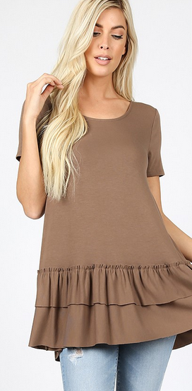 Premium Soft & Stretchy Double Ruffle Hem, Solid Tunic Top, Runs Half A Size Big