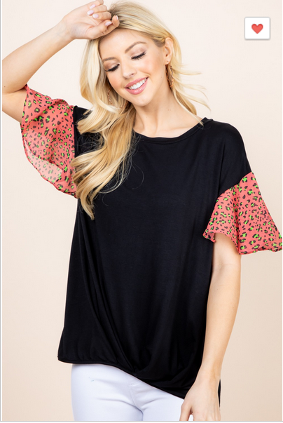 Jersey Gathered Inner Knotted Hem,  Neon Leopard Print Chiffon Bell Sleeve top