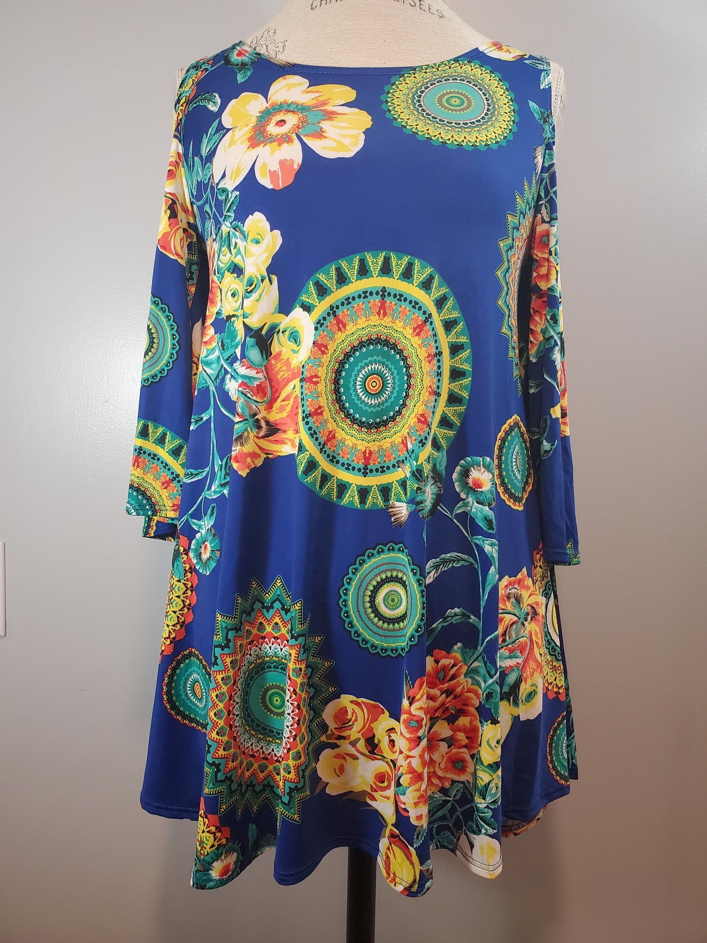Royal Blue Stretchy Floral/Medallion Open Shoulder Top. Made in the USA Runs Big