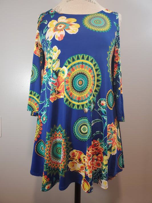Royal Blue Stretchy Floral/Medallion Open Shoulder Top. Made in the USA Runs Big