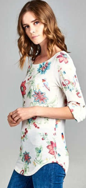 ONLY SMALL LEFT Boat Neckline, Cuff Buttoned Sleeve Floral Top