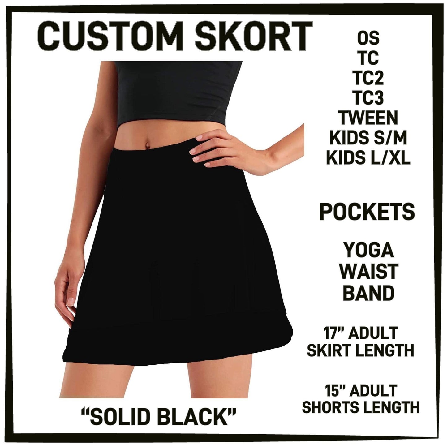 Solid Black Custom Skort - EXTREME STRETCH AND COMFORT!