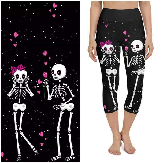 Adorable Skeleton Love Black Capri, Yoga Band, Goth/Halloween Skull Love Hearts