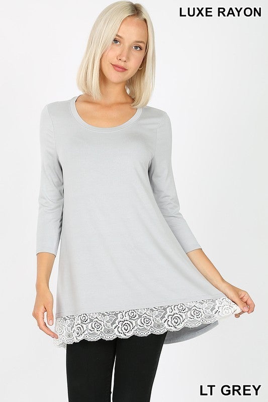 Luxe Rayon Soft & Stretchy Top, 3/4 Sleeve, Hi-Low, Front Lace Trim, Runs Big, Size One Down