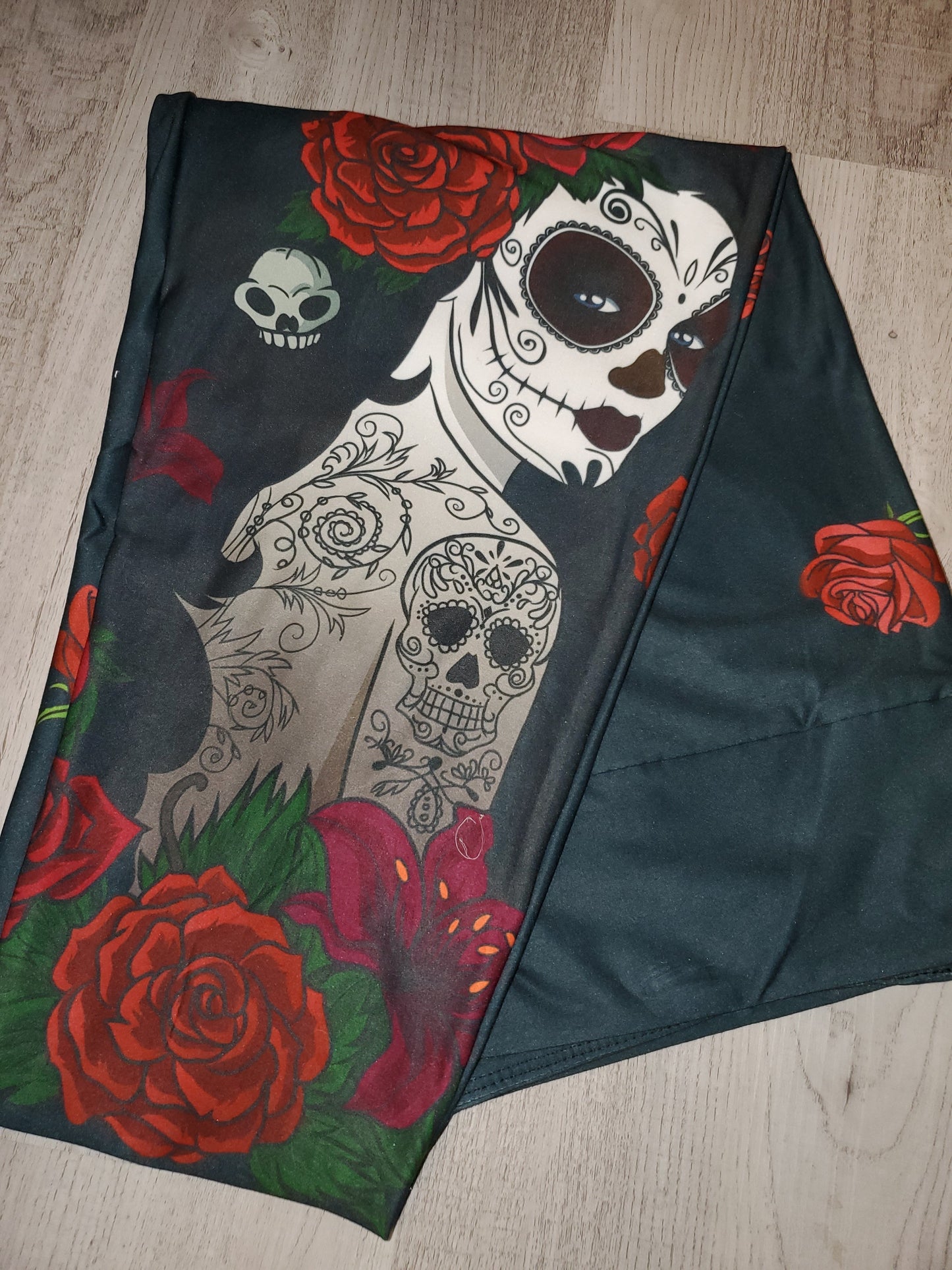 Red Rose Sugar Skull Lady CAPRI. High Waist, Yoga Band, Very Soft and Stretchy!