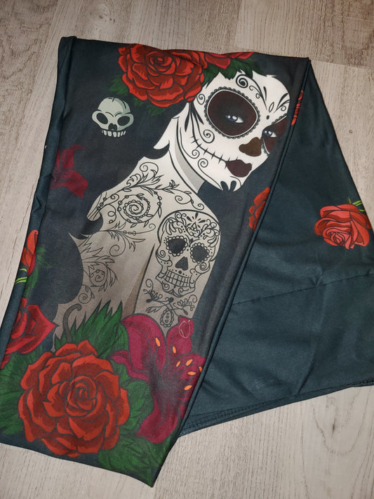 Red Rose Sugar Skull Lady CAPRI. High Waist, Yoga Band, Very Soft and Stretchy!
