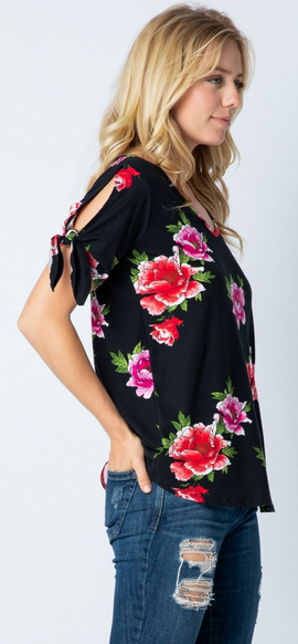 ALL SIZES AVAILABLE Soft & Stretchy Floral Top, Knotted Sleeves, V-Neck Top