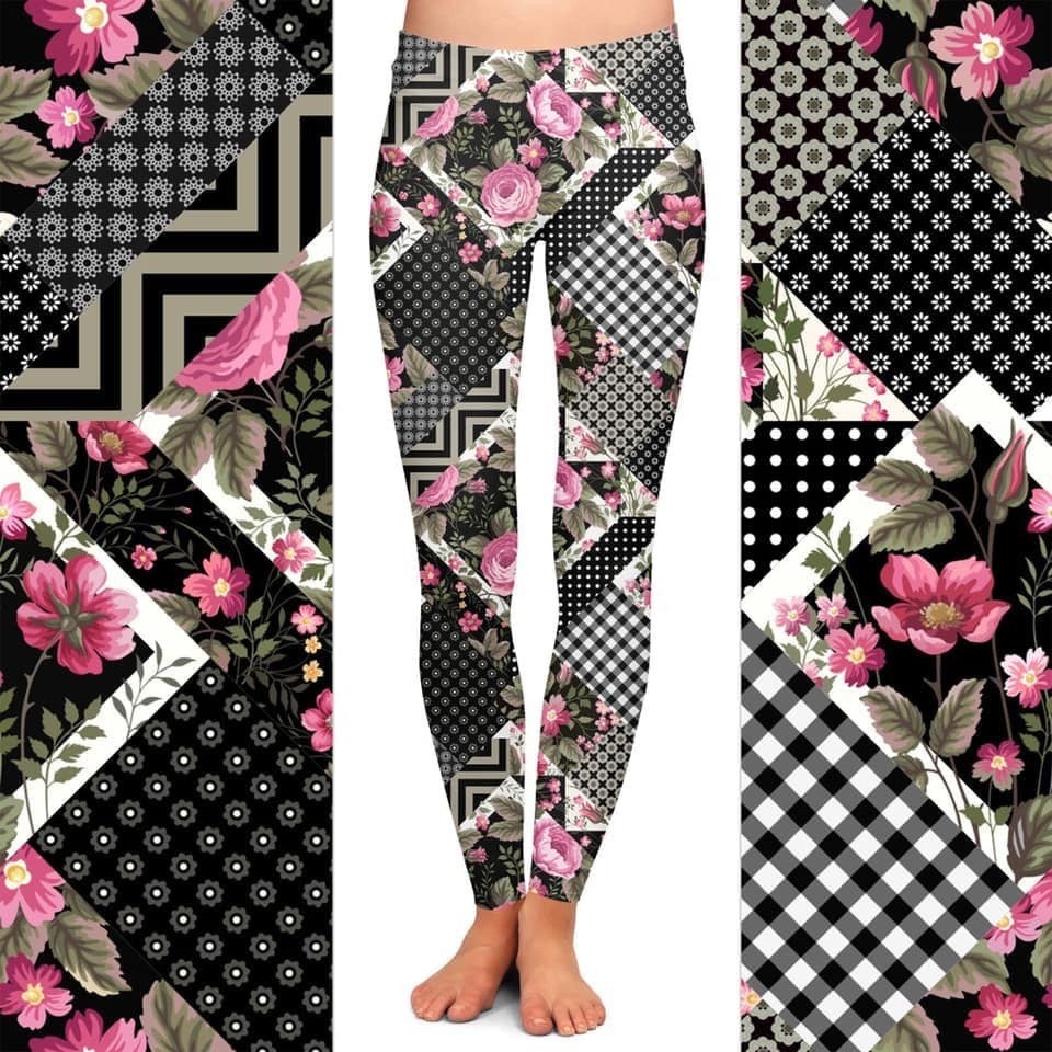 Pink Floral with Black/White Patch Work Leggings