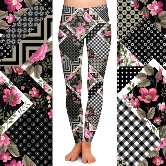 Pink Floral with Black/White Patch Work Leggings