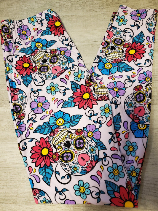 Soft & Stretchy Lavender Sugar Skull, Elastic Band Leggings