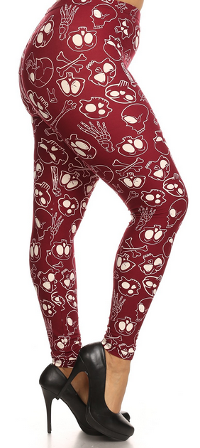 Comfy Wine Color Boneyard Skull Leggings, Yoga Band, Extra Stretch