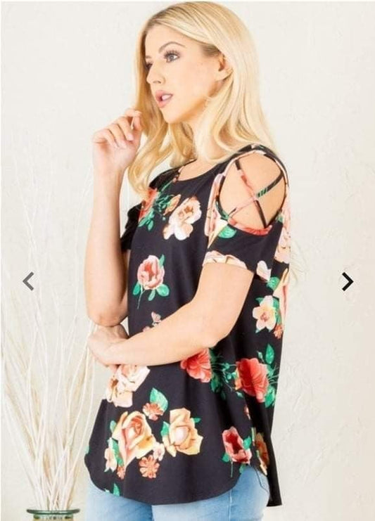 Stretchy Black Floral Cold Shoulder Top