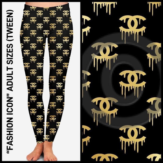 Chanel Gold on Black Designer Leggings. Yoga Band. Extra Soft and stretchy!