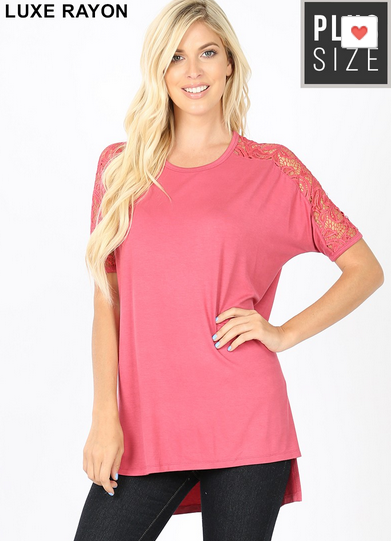 3X Solid Half Lace Sleeve High Low Hem with Slit Sides. Premium Soft Top. Generously Sized.
