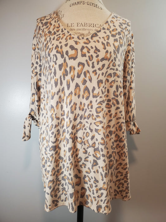 Plus Only Flirty Leopard Print Top, French Terry, 3/4 Sleeve with Tied Knot.