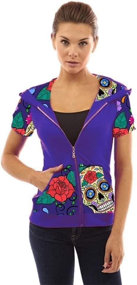 OUTFIT 2 Piece Set Purple Sugar Skull Short Sleeve Zippered Hoodie & LEGGINGS SET Hyper Stretch!