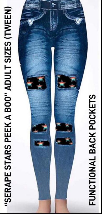 Serape Stars Peek A Boo Denim Print Jeggings. Yoga Band. Extra Soft and stretchy!