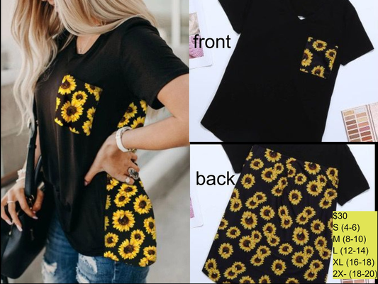 Sunflower fun! Runs true to size. Black & Sunflowers, V-Neck ,  Front Pocket Top