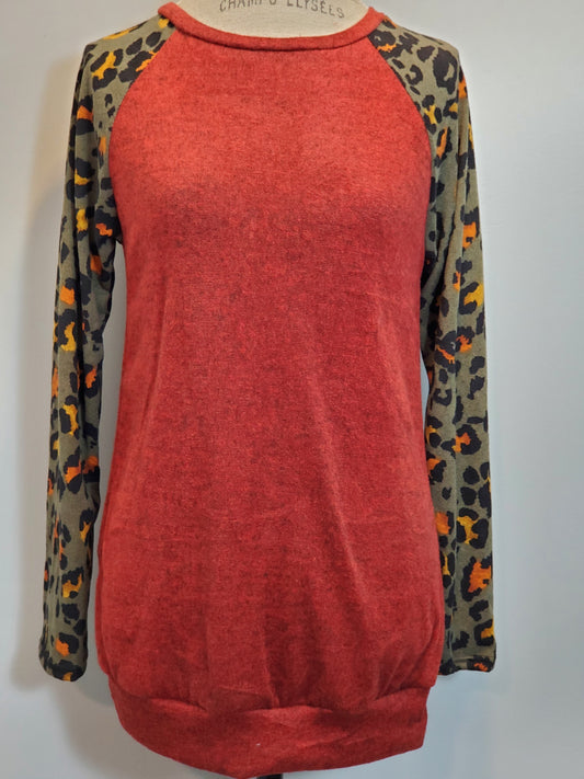 Light Knit Brick Red Color Top with Olive Leopard Print Long Sleeves.