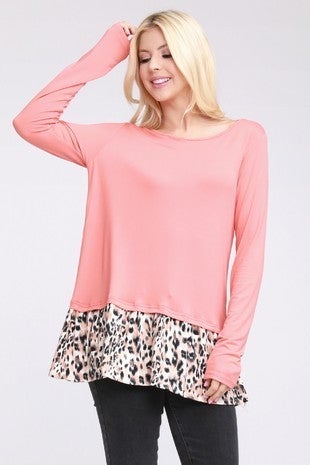 Soft & Stretchy Salmon Cheetah Ruffle Bottom Long Sleeve Shirt, Runs Big