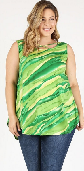 Marble Green & Yellow Criss Cross Neckline, Sleeveless Tunic Top
