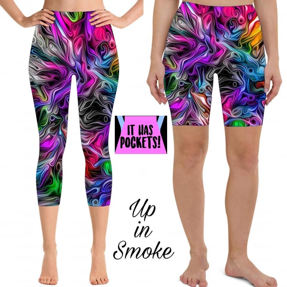 Up in Smoke Rainbow Marble Shorts with Pockets, Stretchy, Yoga Band, High waist