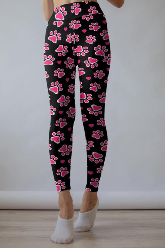 Hot Pink Paw Print Leggings. Hyper Stretch and softness! Yoga Band.