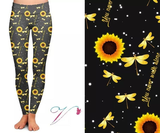 Sunflower/Dragonfly "You Never Walk Alone" Leggings