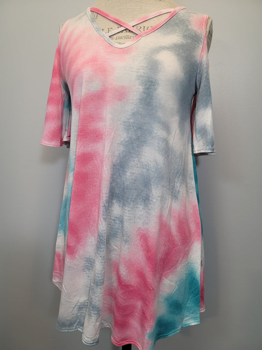 MD ONLY Open Shoulder, Criss Cross Neckline Tie Dye Top