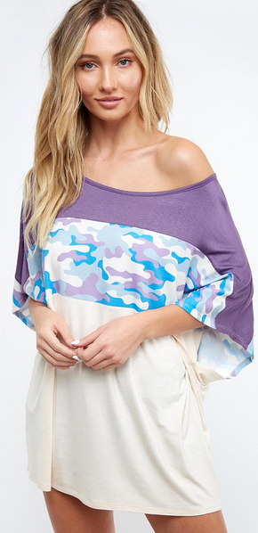 Soft, Stretchy, Oversized Ivory/Lavender/Blue Block Camouflage Top. Made in the USA.
