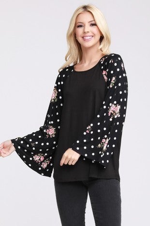 Black Floral & Polka Dot Wide Sleeve top Soft and Stretchy, Runs Flowy