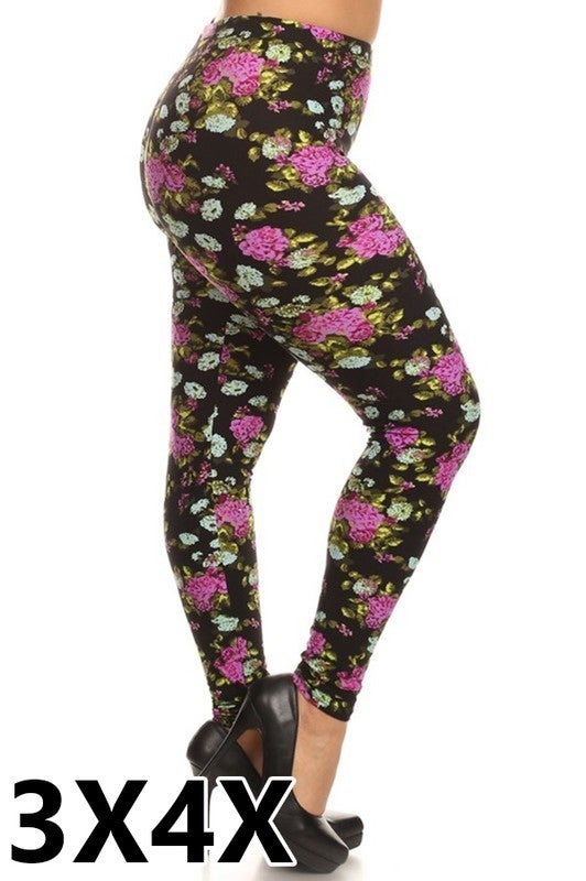 3X/5X Purple Floral, Black Background Elastic Band, Soft Leggings