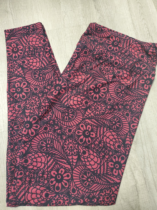 Black/Dark Pink  Lace Print Leggings, Extra Comfy, Yoga Band