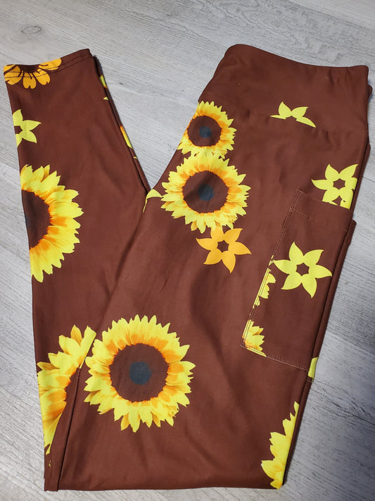 Brown Sunflower Leggings with Pockets! Yoga Band, Soft Material