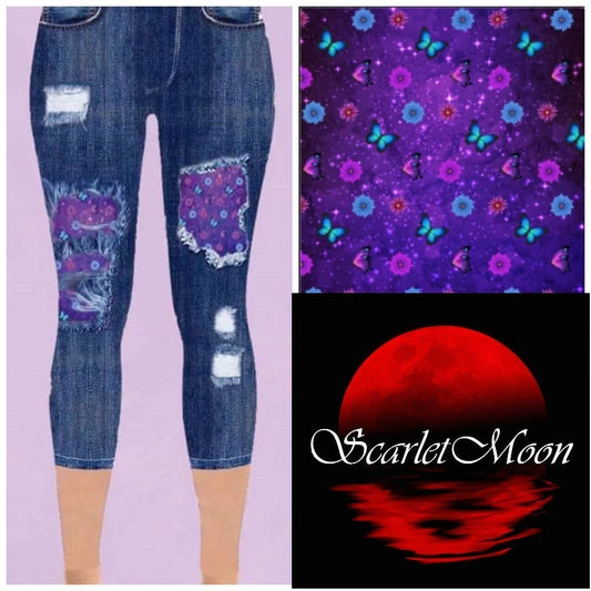 Denim Print Capri Jeggings Small Purple Floweral Peek a Boo