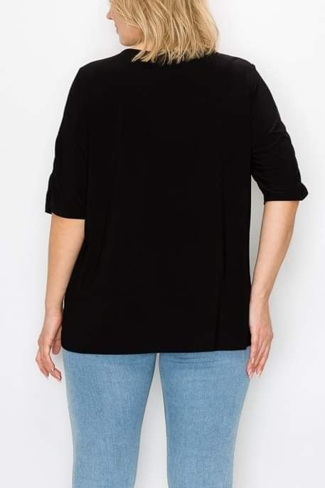 ONLY 3X Left! Beautiful Gem & Pearl Black Open Neck Top, Stretchy and Comfy