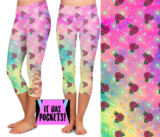 Rainbow Tie Dye and Roses CRISS CROSS CAPRI with Pockets