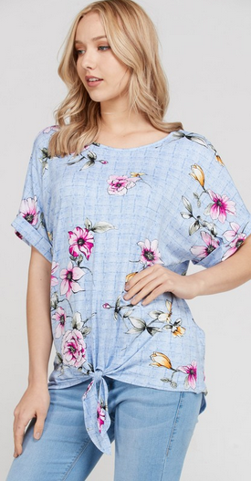 ONLY Large LEFT Light Blue Floral Top with a Tie Knot at Waist. Runs 1 Size Large.
