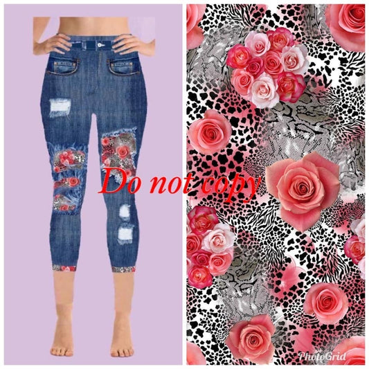 Last One In Stock! Jeggings CAPRI (Denim Print) Coral Blossom & Leopard