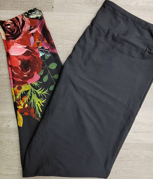 Black Legging with a Beautiful Floral Design on each Leg. Yoga Band. Extra Soft and stretchy!