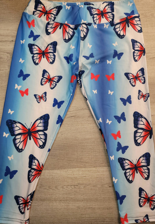 Ombre Red, White and Blue Butterflies. High Waist, Yoga Band, Very Soft and Stretchy!