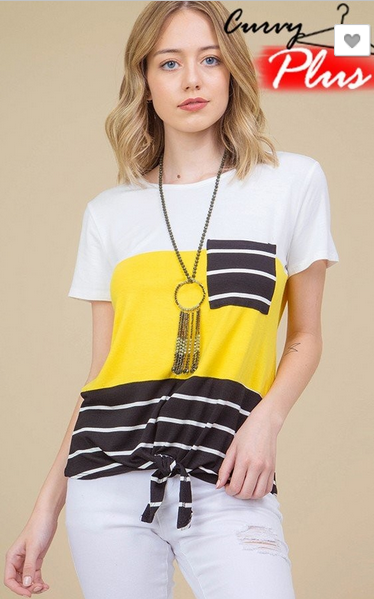 Color Block Top with Pocket and Tie Knotted Hemline. Soft & Stretchy!