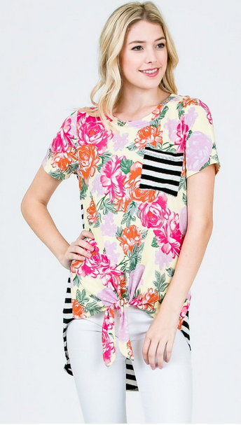 Soft Block Hi-Lo Tunic Top Floral/Stripe Block Design. Made in the USA. Runs Big.