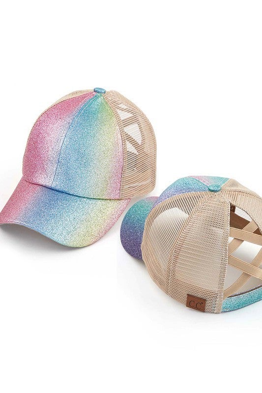 Ponytail Hat! Ombre Sparkle Glitter Criss-Cross Cap with Mesh