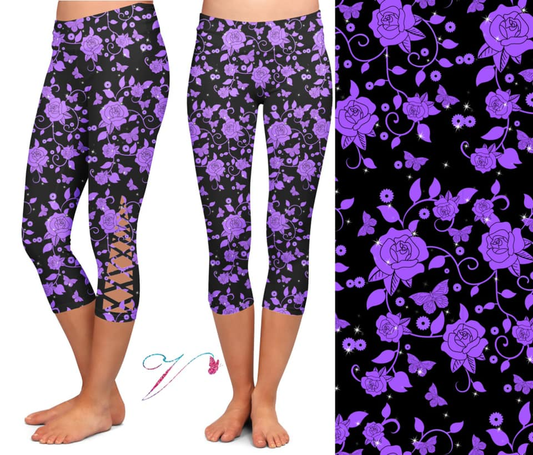 Black/Purple Roses CRISS CROSS CAPRI with Pockets. High Waist, Extra Stretch and Softness.