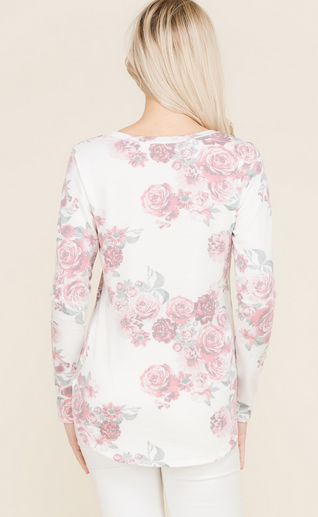 Romantic Dusty Floral V Neck Top, Made in the USA. True to Size.